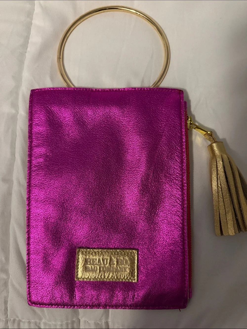 Beau & Ro Fuchsia Metallic Wristlet with Gold Accents